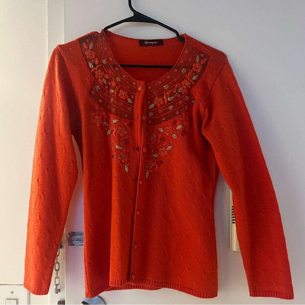 Stunning Orange Knit Sweater with Floral Embroidery Detail